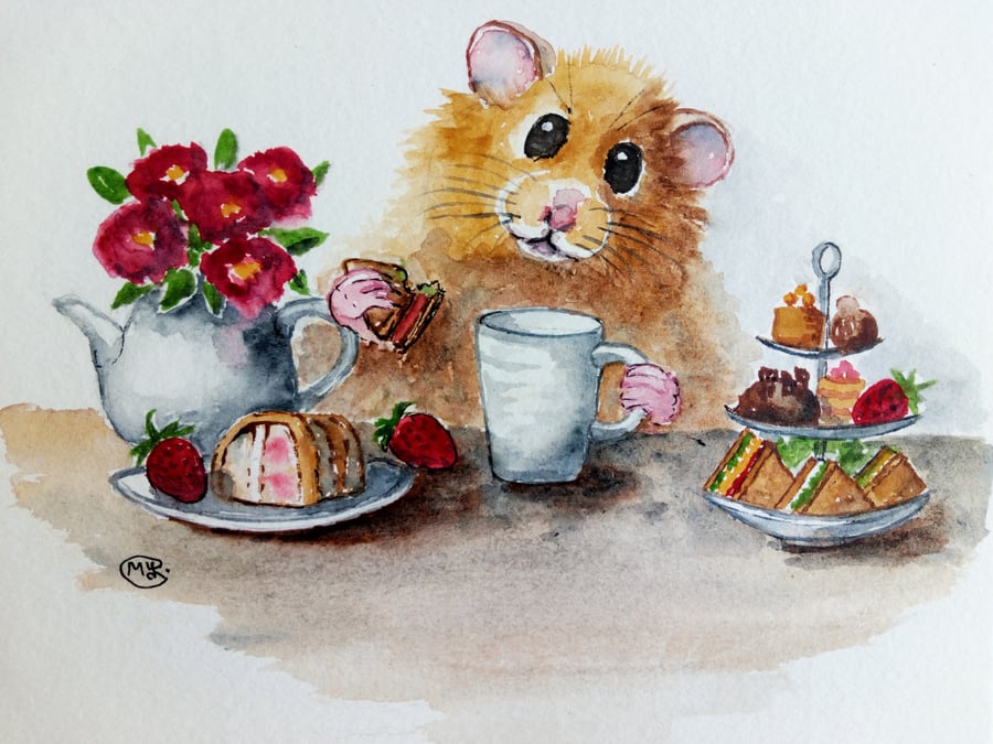 Hamster and cream tea original painting 