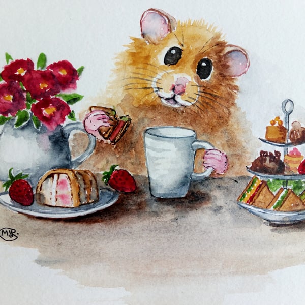 Hamster and cream tea original painting 