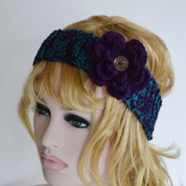 Knitted Headband Ear warmer Teal and Purple 7T - Adult Warmer Chunky 