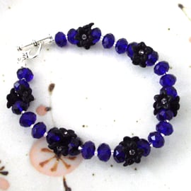 Black Flower and Blue Crystal Bead Bracelet - UK Free Post