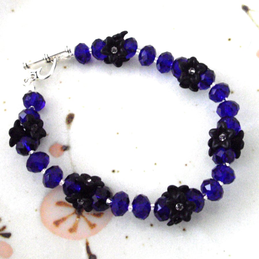 Black Flower and Blue Crystal Bead Bracelet - UK Free Post