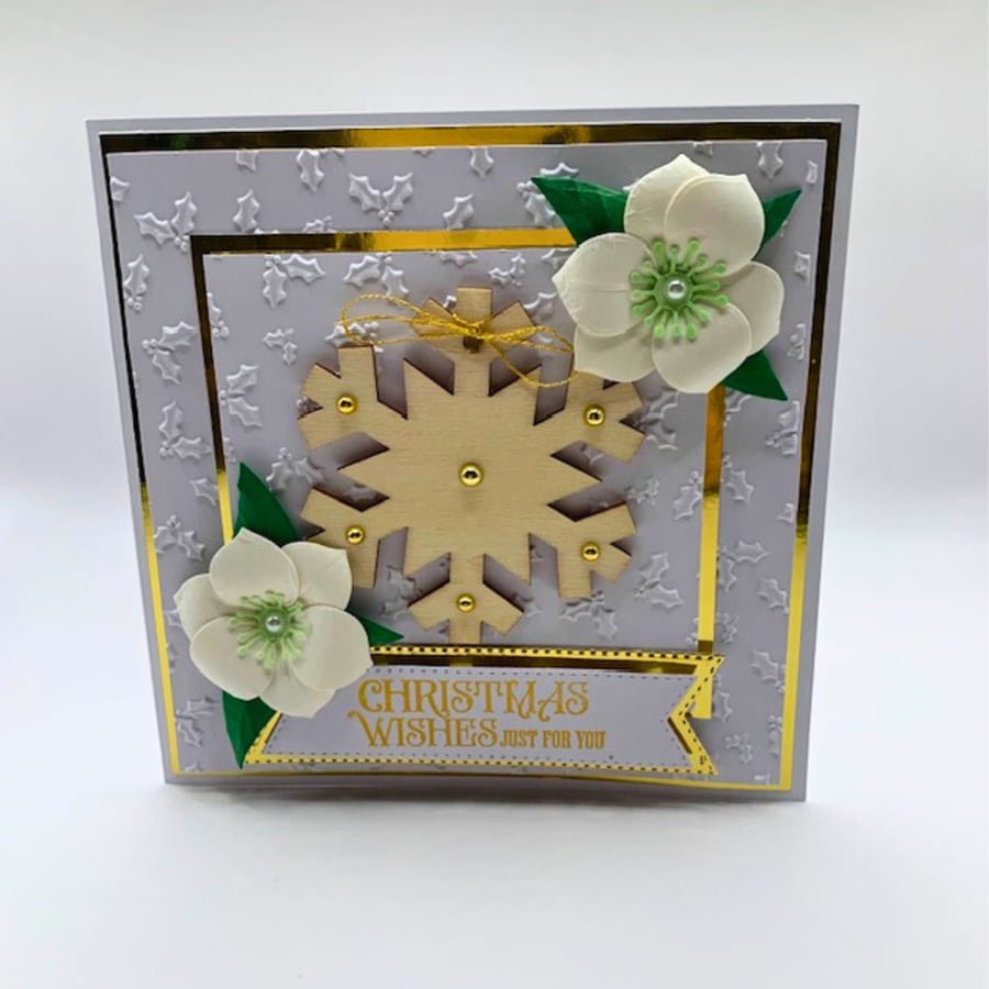 Luxury Handmade Christmas Card - Snowflake & Christmas Rose, Boxed Keepsake
