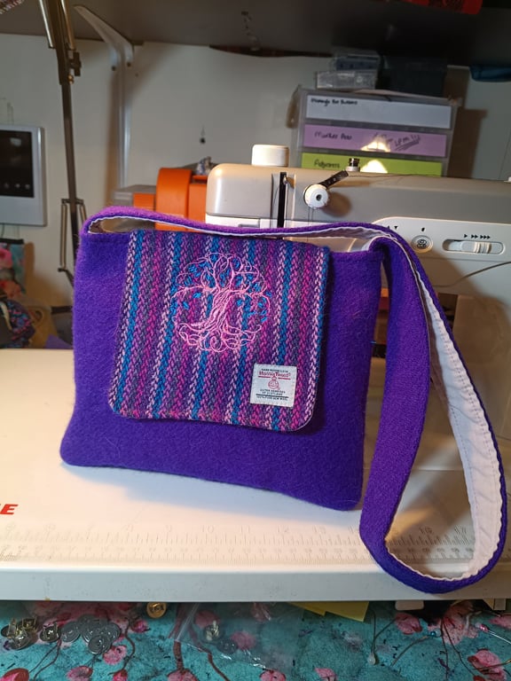 Harris tweed shoulder bag with tree of life