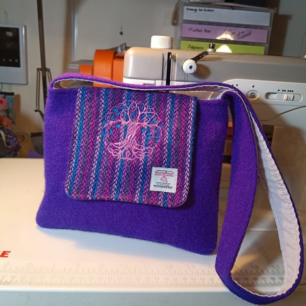 Harris tweed shoulder bag with tree of life