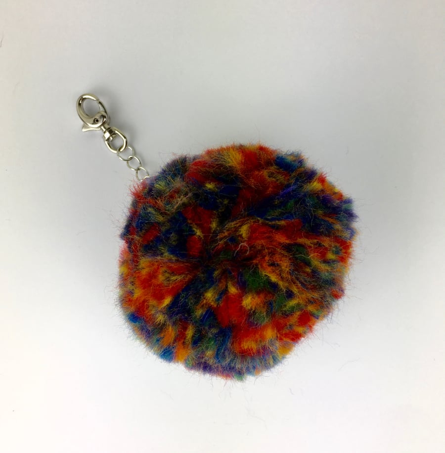 Merino wool pom pom bag charm in rainbow colours