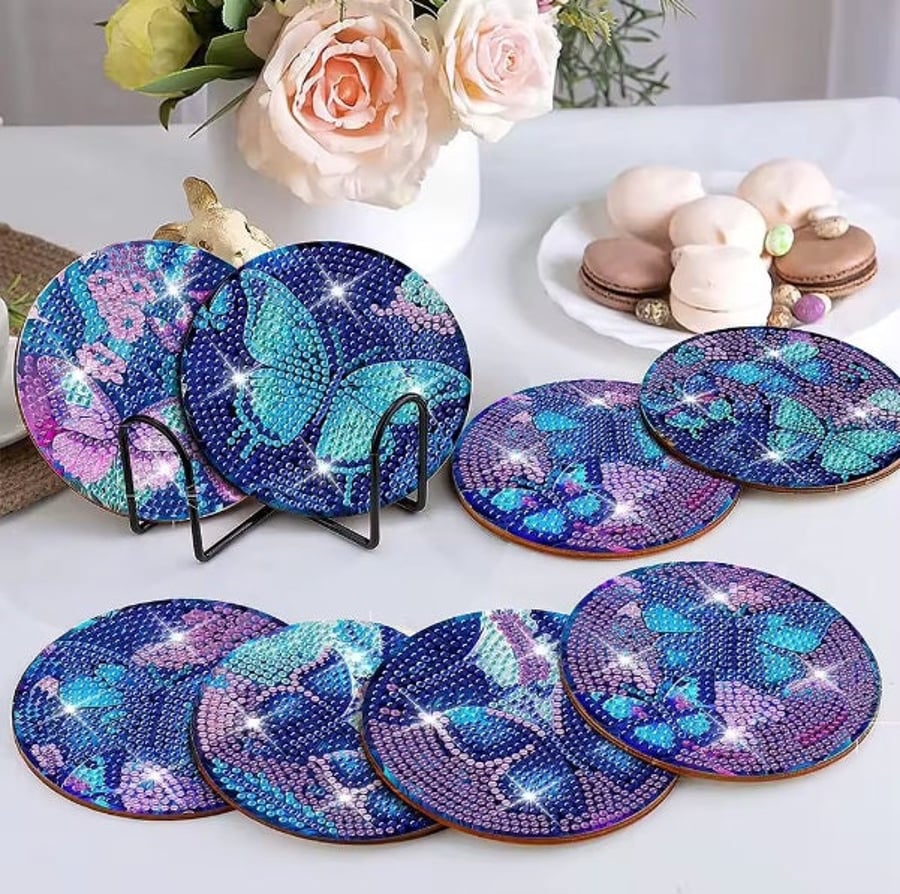8pcs 5D Diamond Painting Coasters Purple Butterfly Coasters DIY Butterfly Diamon