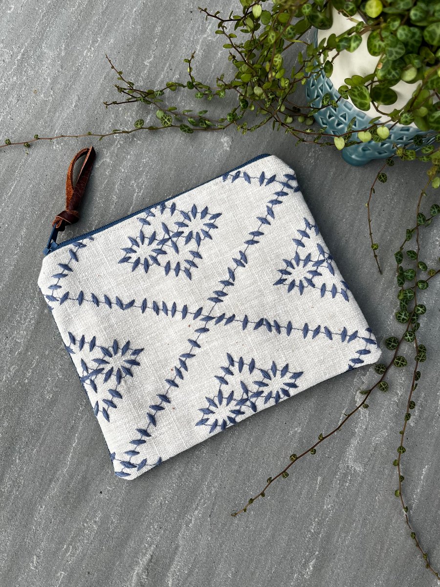 Embroidered linen and reclaimed denim small zip pouch