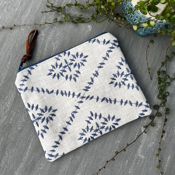 Embroidered linen and reclaimed denim small zip pouch