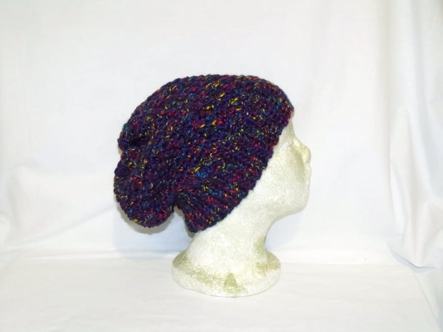 purple crocheted slouch beanie hat, ladies multicoloured woolly winter hat