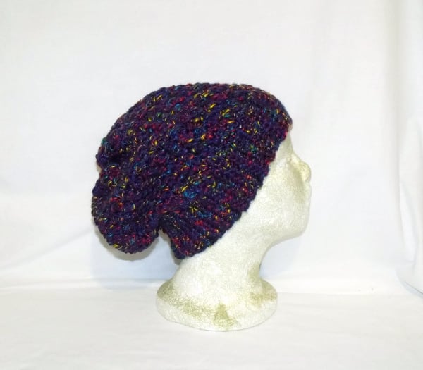 purple crocheted slouch beanie hat, ladies multicoloured woolly winter hat