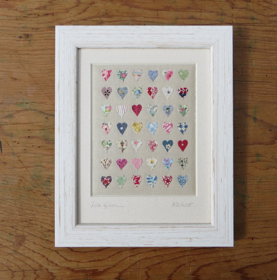 Lots of love, framed hand-stitched miniature applique hearts, lovely gift idea