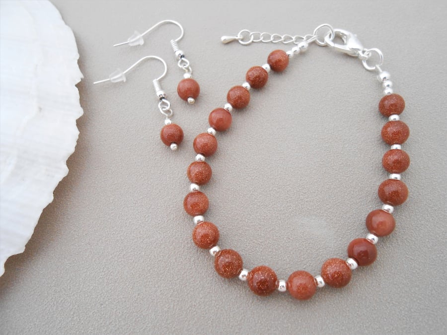Goldstone bracelet and earrings for adults.