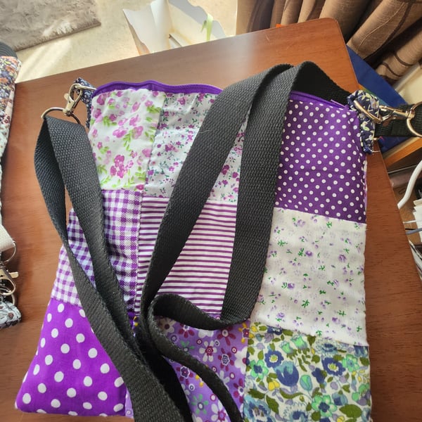 Hand stitched patchwork  crossbody bag purple