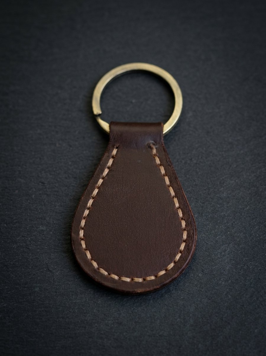 Dark Brown Full Grain Leather Teardrop Key Fob Saddle Stitched UK