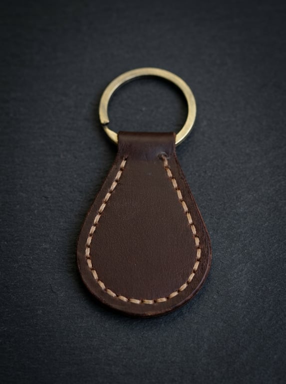 Dark Brown Full Grain Leather Teardrop Key Fob Saddle Stitched UK