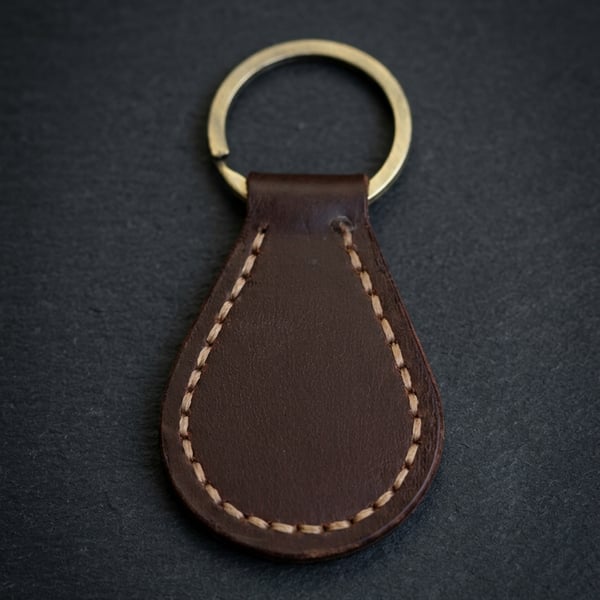 Dark Brown Full Grain Leather Teardrop Key Fob Saddle Stitched UK