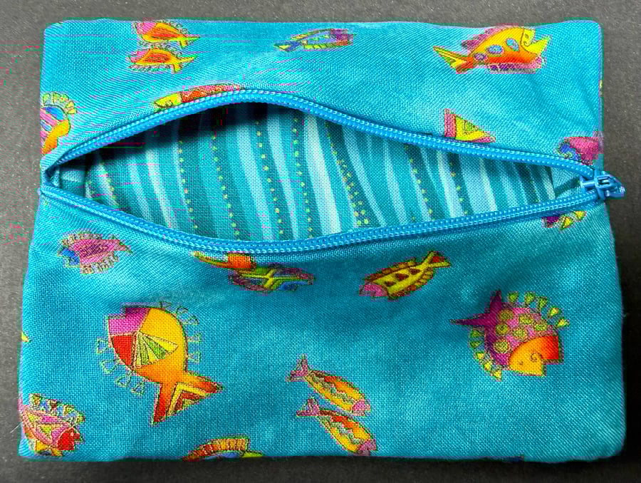 Small zipped purse - abstract fish on rich turquoise 
