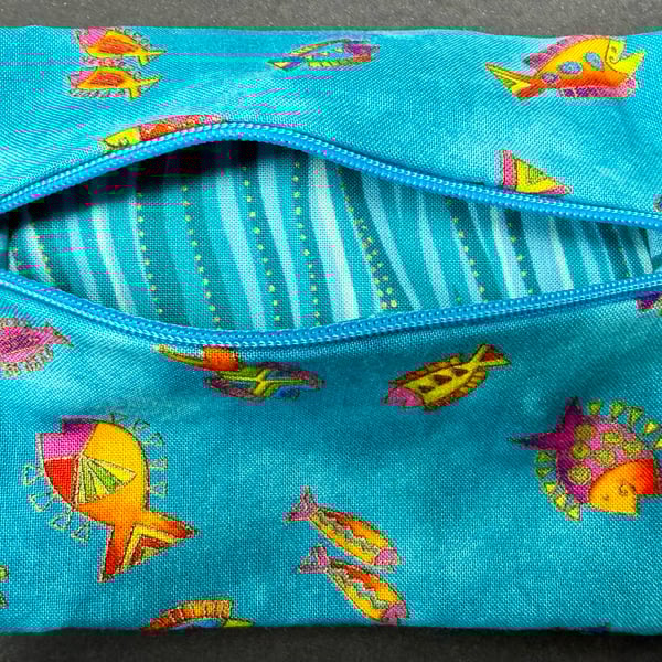 Small zipped purse - abstract fish on rich turquoise 