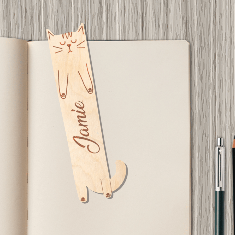 Cartoon Cat Bookmark Personalised Wooden Pet Book Cat Lover Page