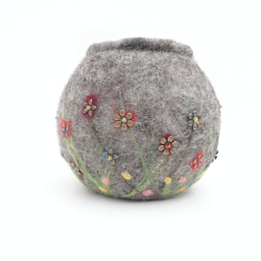 Grey felted planter or vase with beaded floral decoration