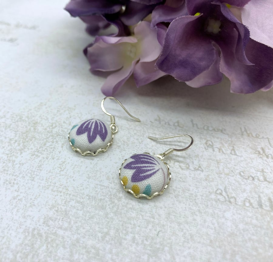 Lilac tulip spring flower fabric button dangle earrings floral