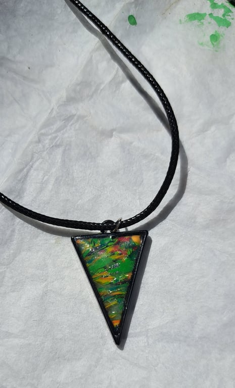 Triangular pendant on a rope necklace multicoloured polymer clay handmade