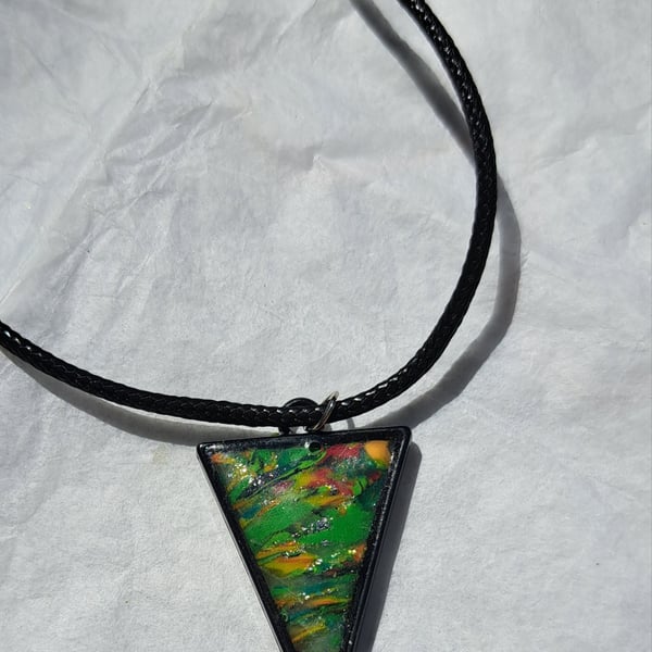 Triangular pendant on a rope necklace multicoloured polymer clay handmade
