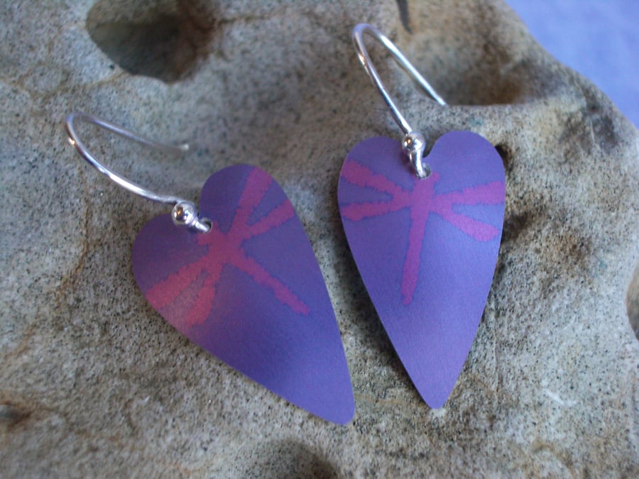 Purple and pink dragonfly heart earrings