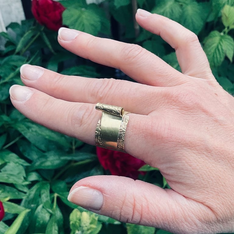Sculptural Textured Brass Ring - Adjustable Contemporary Statement Ring