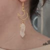 Gold Crescent Moon Dangle Earrings with Raw Clear Quartz Points