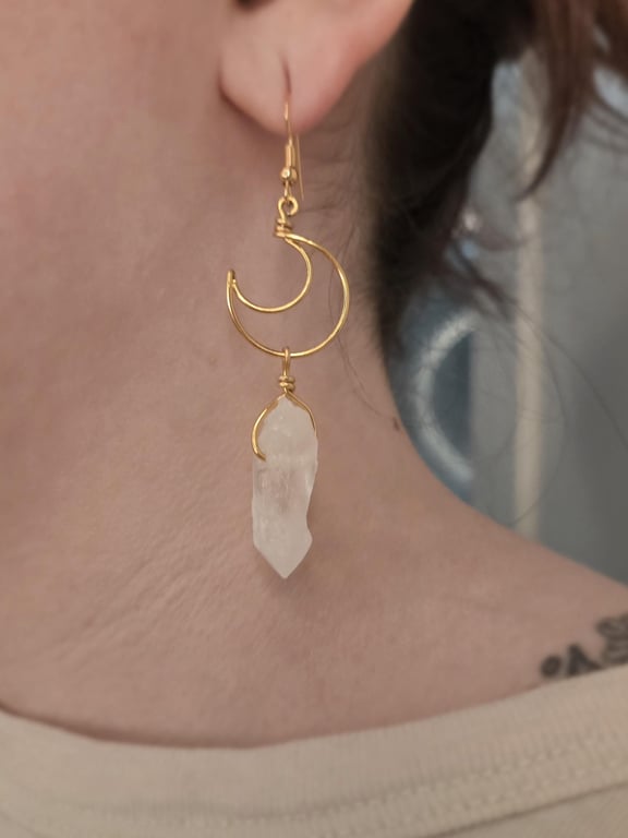 Gold Crescent Moon Dangle Earrings with Raw Clear Quartz Points