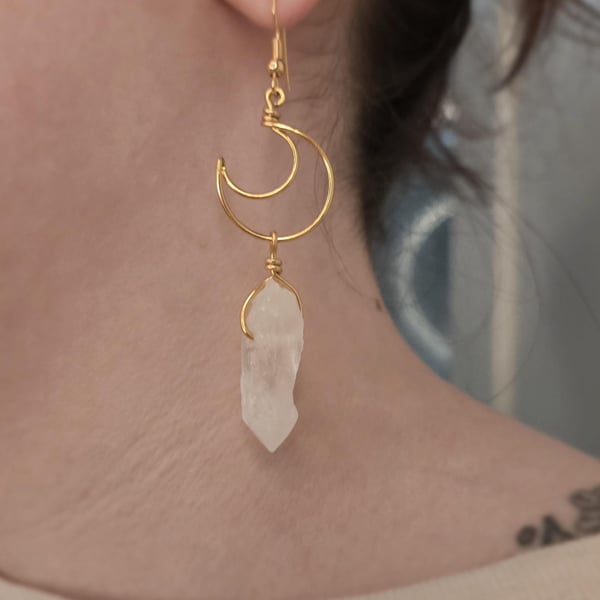 Gold Crescent Moon Dangle Earrings with Raw Clear Quartz Points