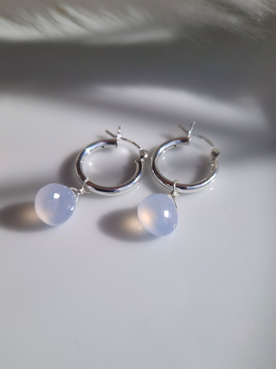 Blue chalcedony and sterling silver gemstone hoop earrings
