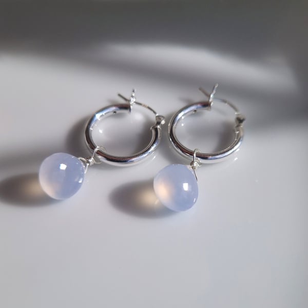Blue chalcedony and sterling silver gemstone hoop earrings
