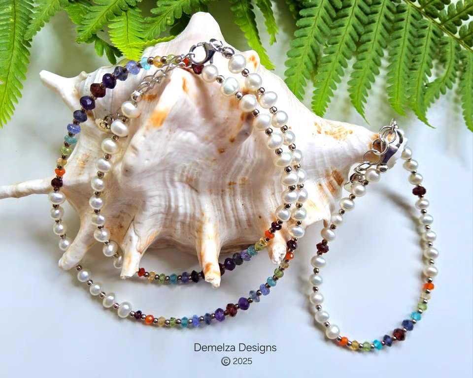 Designer Freshwater Button Pearl, Multi Gemstone Sterling Silver Necklace Set