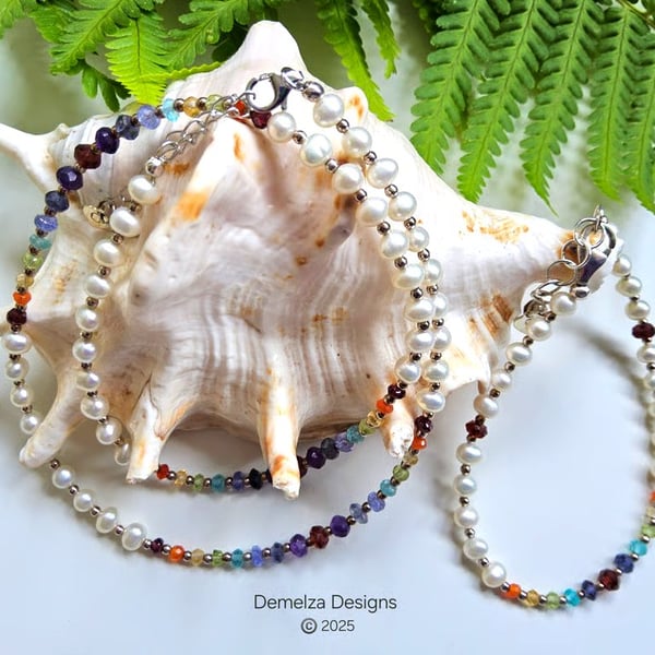 Designer Freshwater Button Pearl, Multi Gemstone Sterling Silver Necklace Set