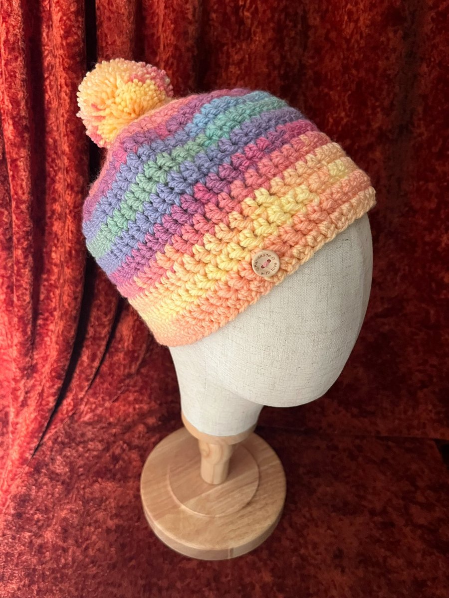 Image of Multi-Coloured Chunky and Funky Crocheted Hat with Fun and removable Pom-Pom 