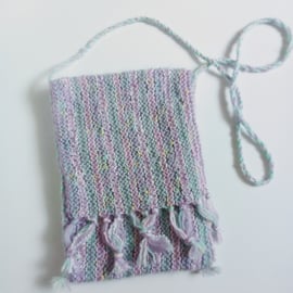 Hand knitted cross body bag with braided handle, lined bag, lilac, green