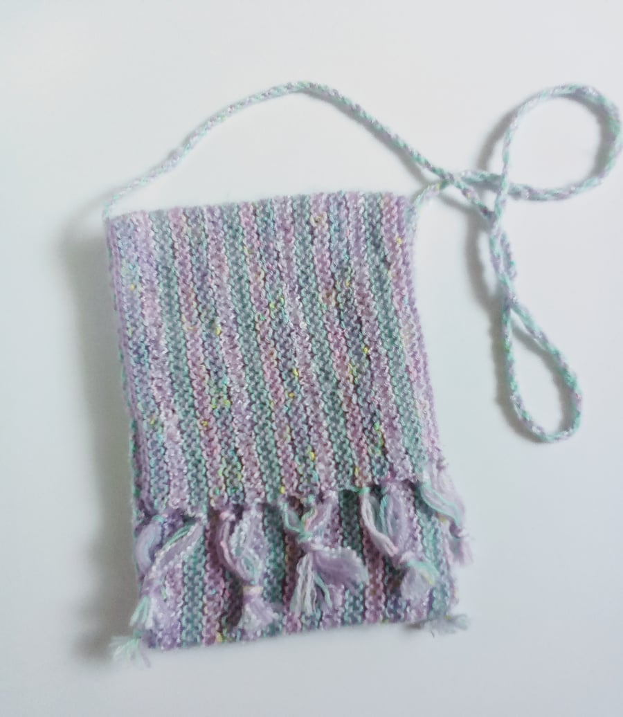 Hand knitted cross body bag with braided handle, lined bag, lilac, green