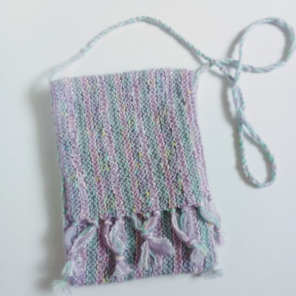 Hand knitted cross body bag with braided handle, lined bag, lilac, green