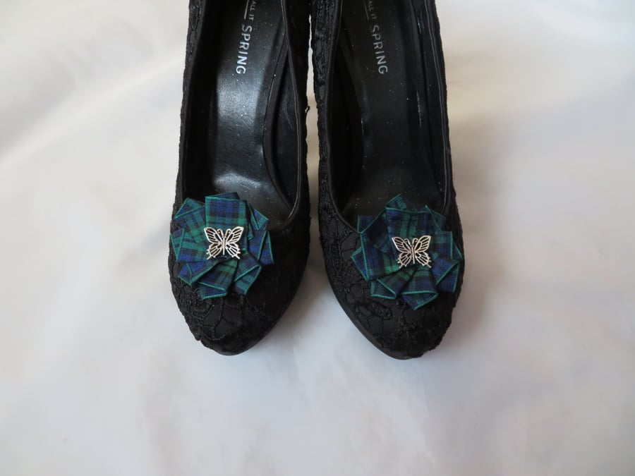 Black Watch Tartan Ruffle & Butterfly Shoe Clips - Gift Wedding 