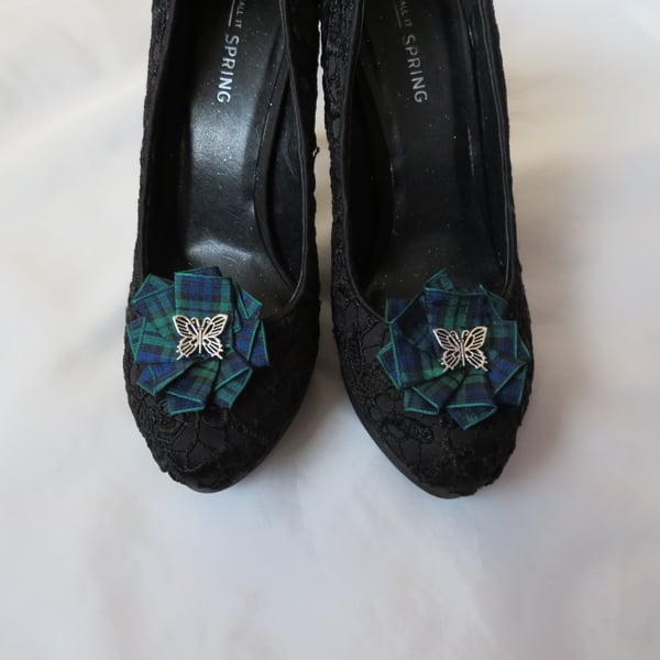 Black Watch Tartan Ruffle & Butterfly Shoe Clips - Gift Wedding 