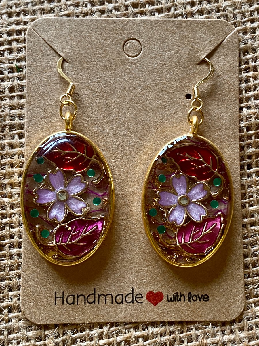 Handmade Gold-Rimmed Oval Resin Earrings With Enamelled Flowers And Leaves