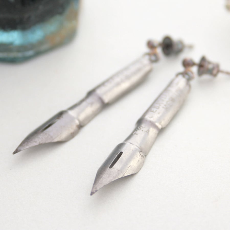 Pen Nib Long Dangle Earrings for Calligraphy Lover or Book Writer