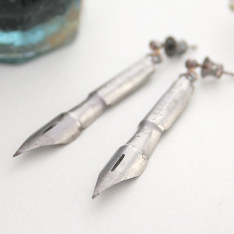 Pen Nib Long Dangle Earrings for Calligraphy Lover or Book Writer