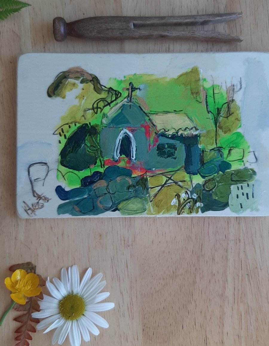 'The Chapel ' semi abstract  naive painting 