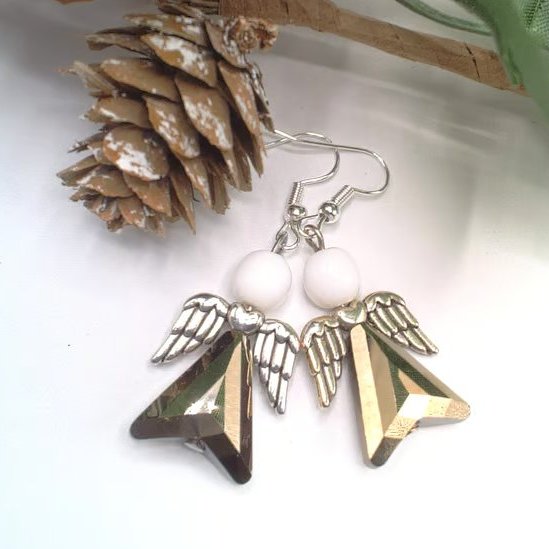 Silvery Grey Crystal & White Glass Beaded Angel Earrings, Valentine Gift