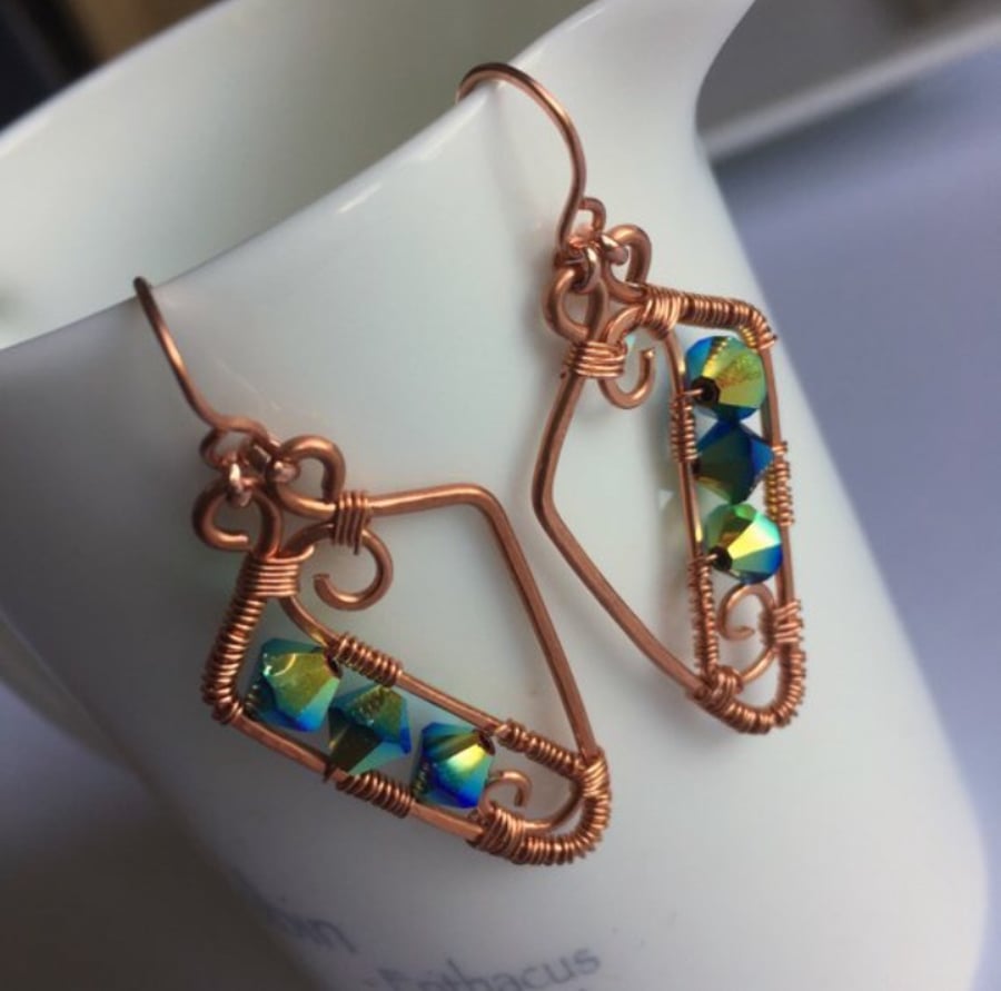Blue Green Swarovski crystal and copper earrings