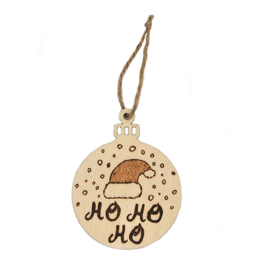 'Ho Ho Ho!' Christmas Tree Decoration - Wooden Bauble - Santa's Hat - Free P&P 