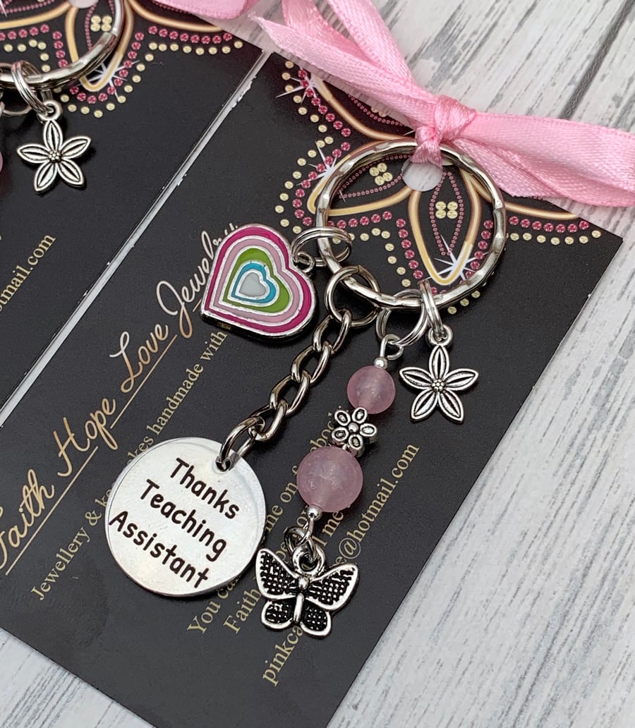 Butterfly Gemstone Rose Quartz THANKS TEACHING ASSISTANT Keyring Teacher Gift 